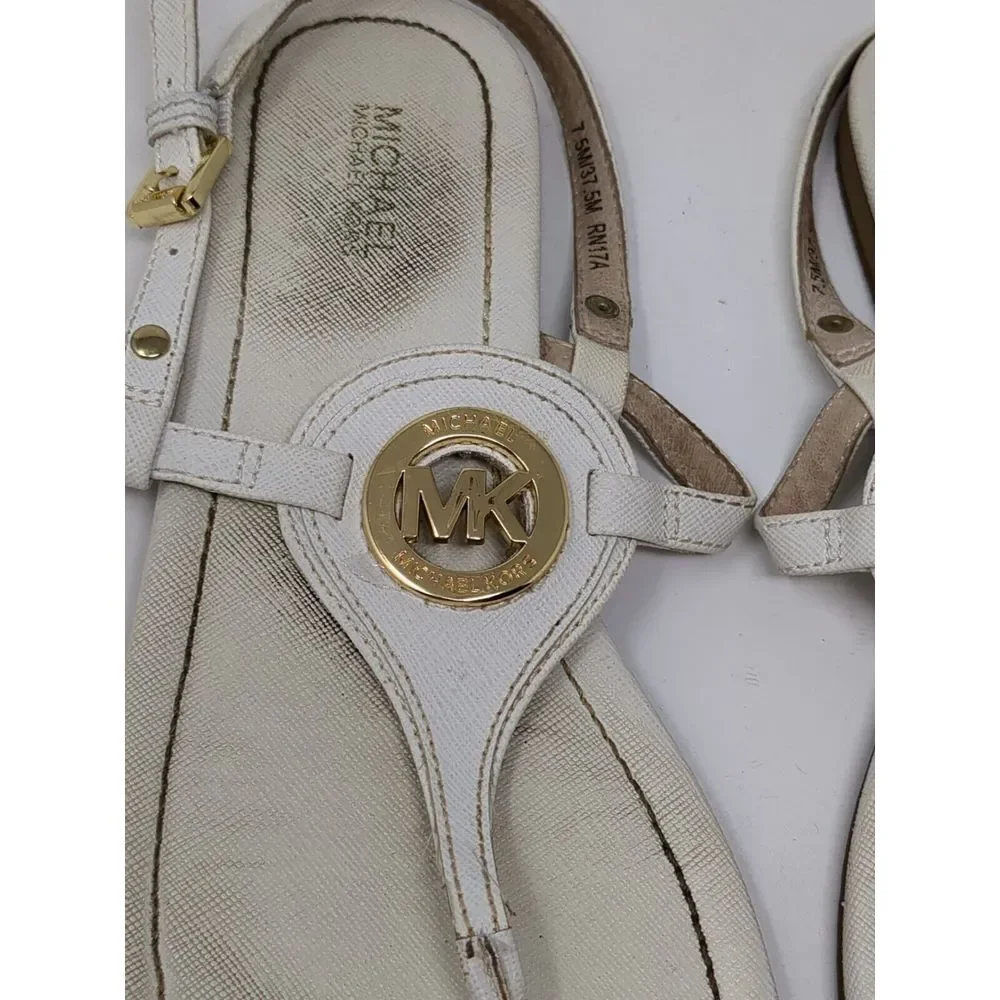 Michael‎ Kors Thong Sandals Leather Flat Big MK Logo Leather White Women's 7.5 M
